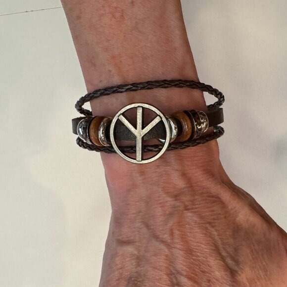 Boho Peace Sign Faux Leather Bracelet – 8” Blue and Black #1482 - Picture 10 of 10